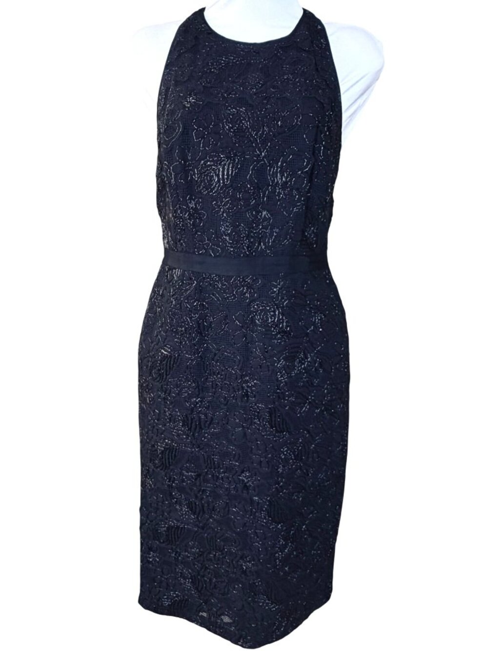 Laundry by Shelli Segal Black Halter Dress Textured Beaded Floral Overlay 4 NWT